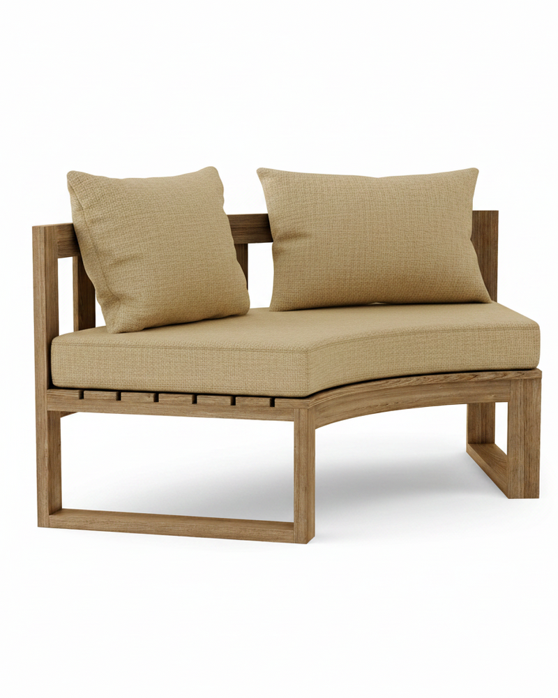 Circular teak bench with linen sesame cushions on a white background.  