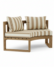 Circular teak bench with maxim heather beige cushions on a white background.  