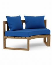 Circular teak bench with pacific blue cushions on a white background.  