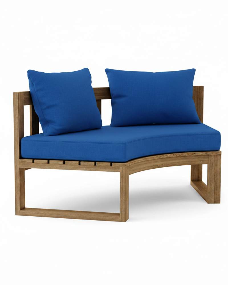 Circular teak bench with pacific blue cushions on a white background.  