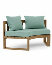 Circular teak bench with spa cushions on a white background.  