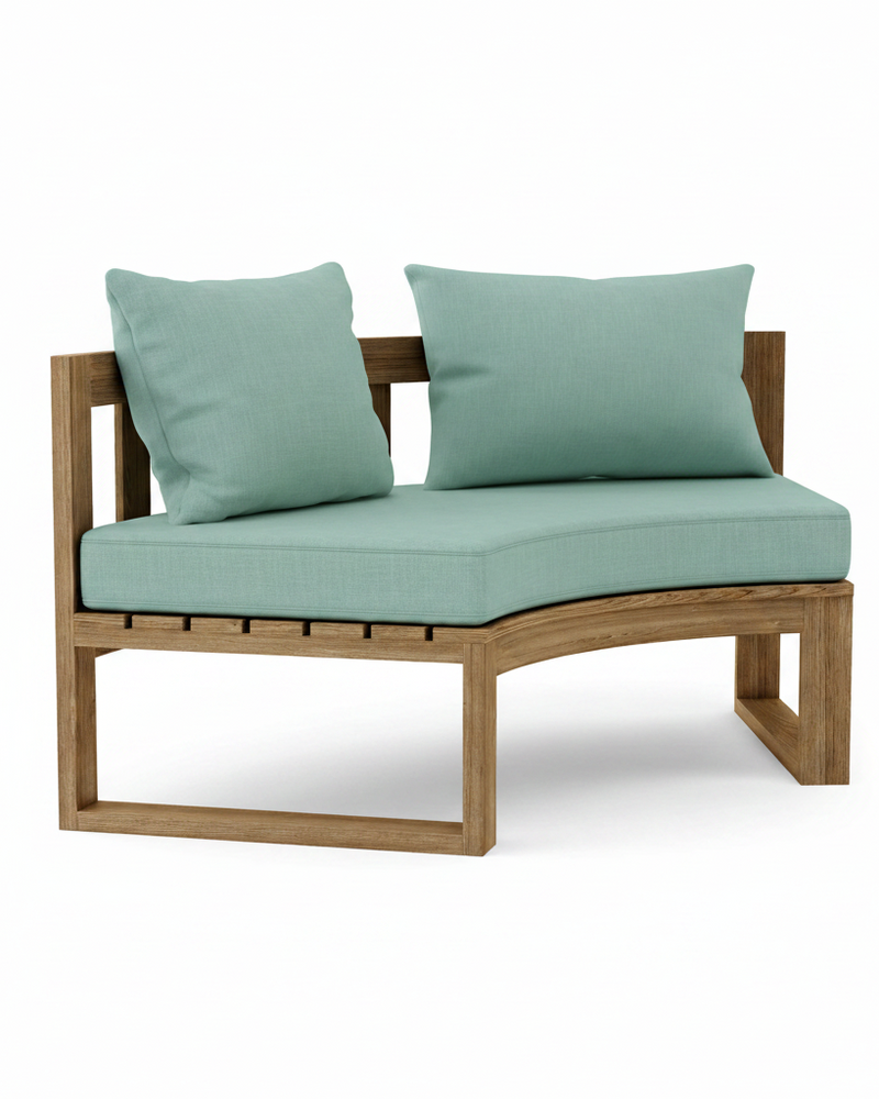 Circular teak bench with spa cushions on a white background.  