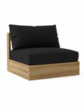 A modern outdoor lounge chair with a thick black cushioned seat and backrest, supported by a light brown wood frame, shown on a solid white background.