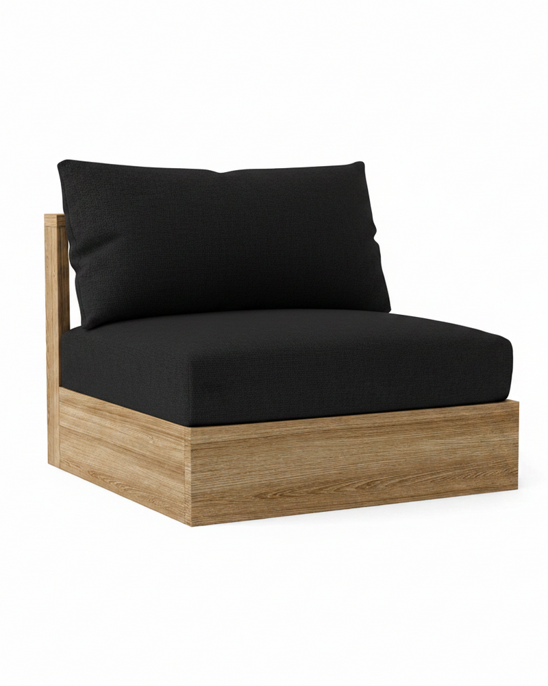 A modern outdoor lounge chair with a thick black cushioned seat and backrest, supported by a light brown wood frame, shown on a solid white background.