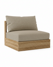 A modern outdoor lounge chair with a light brown wood frame, a thick beige seat cushion, and a matching rectangular back cushion, shown on a solid white background.