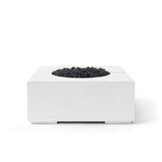 Bravo lightweight natural concrete fire pit with black lava rocks on a white background.