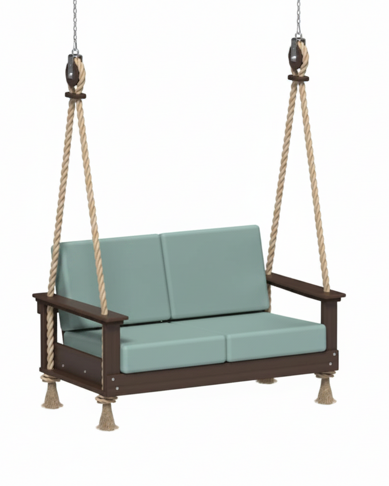 Outdoor swing with green cushions and brown frame on a white background