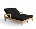 Wooden outdoor lounge chair with black cushions on a white background