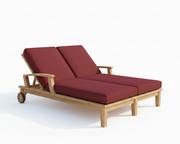 Wooden outdoor lounge chair with red cushions on a white background