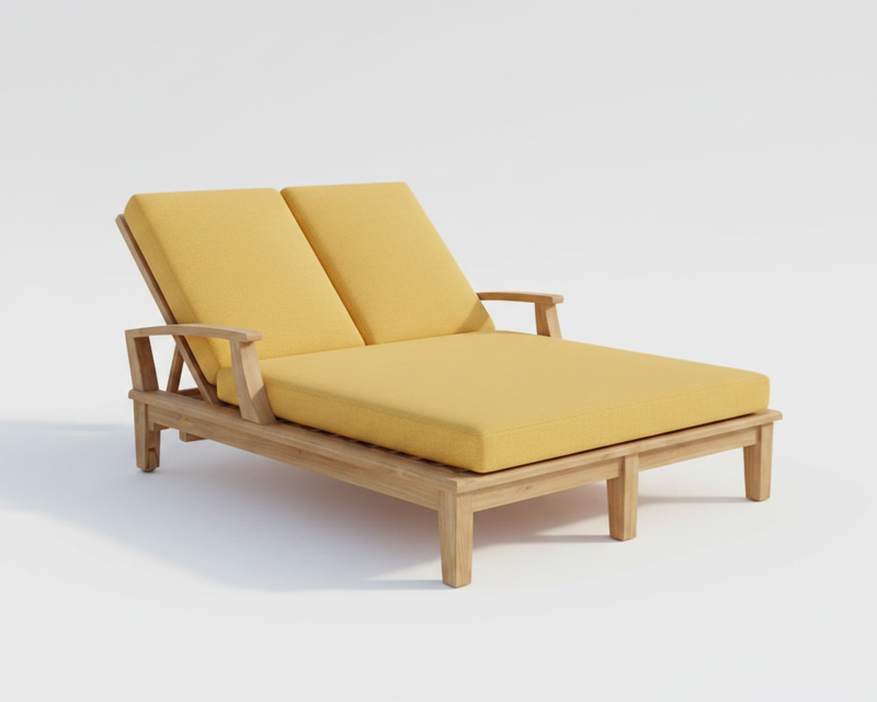 Yellow cushioned outdoor lounge chair on a white background