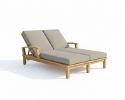 Wooden outdoor lounge chair with beige cushions on a white background