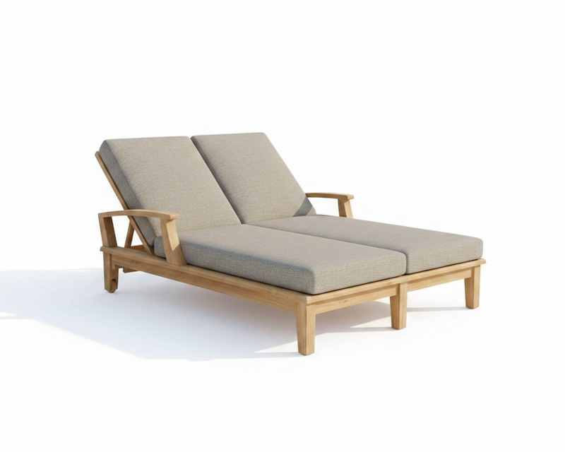 Wooden outdoor lounge chair with beige cushions on a white background