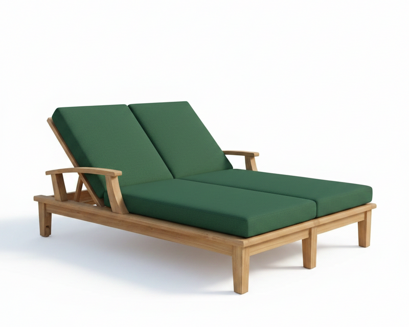 teak lounge chair with green cushion on white background