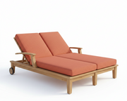 Wooden outdoor lounge chair with orange cushions on a white background