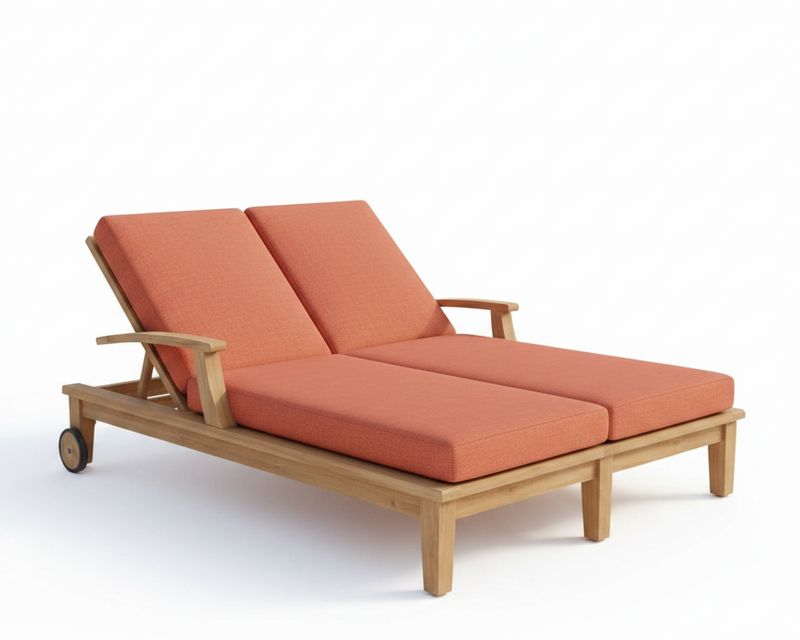 Wooden outdoor lounge chair with orange cushions on a white background