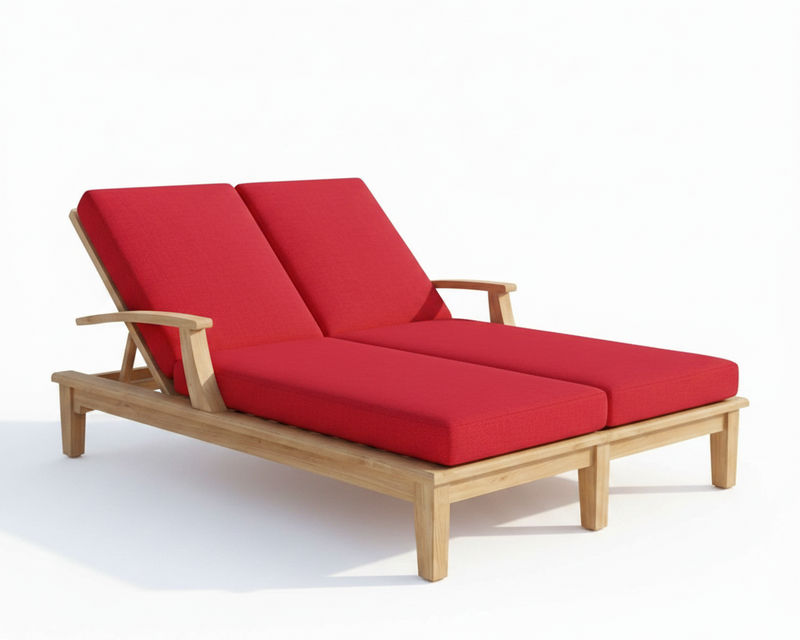 Red cushioned outdoor lounge chair with wooden frame on a white background
