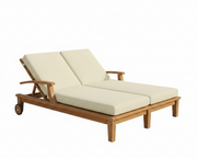 Wooden outdoor lounge chair with beige cushions on a white background