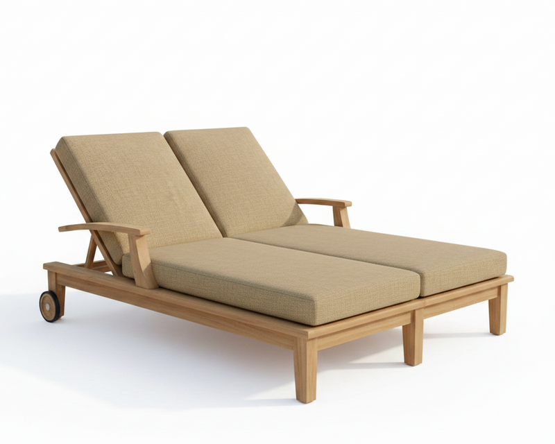 teak lounge chair with linen sesame cushions on white background