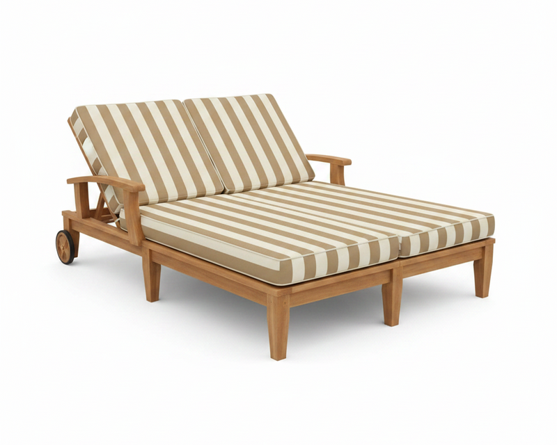 Wooden outdoor lounge chair with striped cushions on a white background