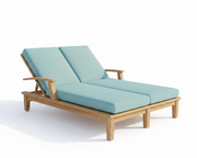 Wooden lounge chair with light blue cushions on a white background