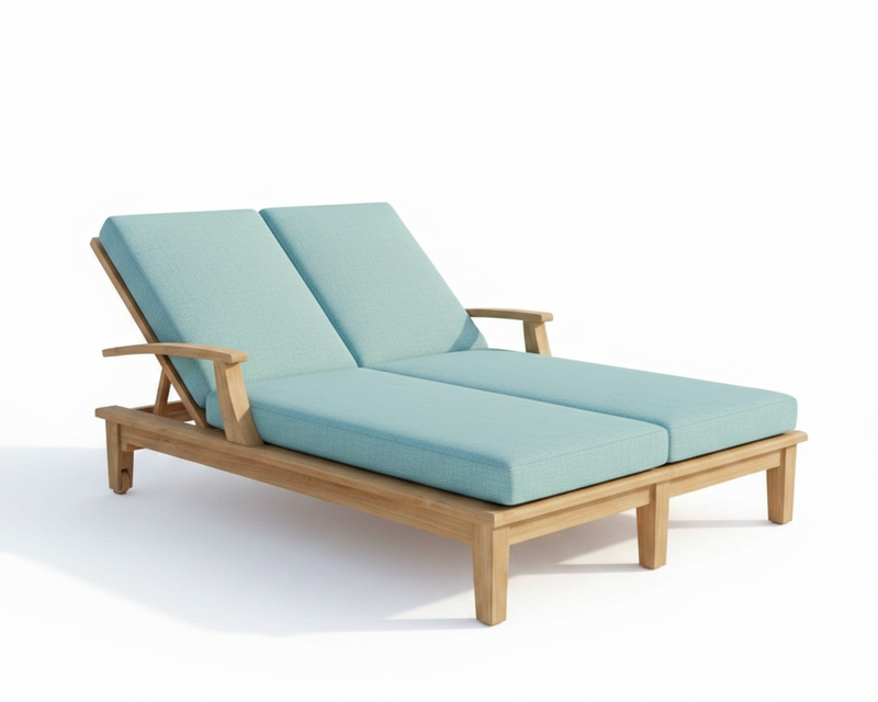 Wooden lounge chair with light blue cushions on a white background