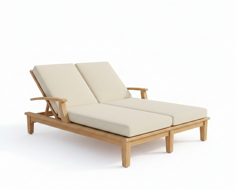 Wooden outdoor lounge chair with beige cushions on a white background