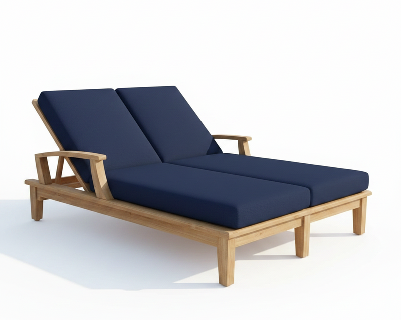 Navy blue cushioned lounge chair with wooden frame on a white background