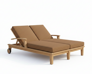 teak lounge chair with teak colored cushion on white background
