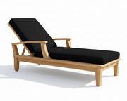 Wooden lounge chair with black cushions on a white background