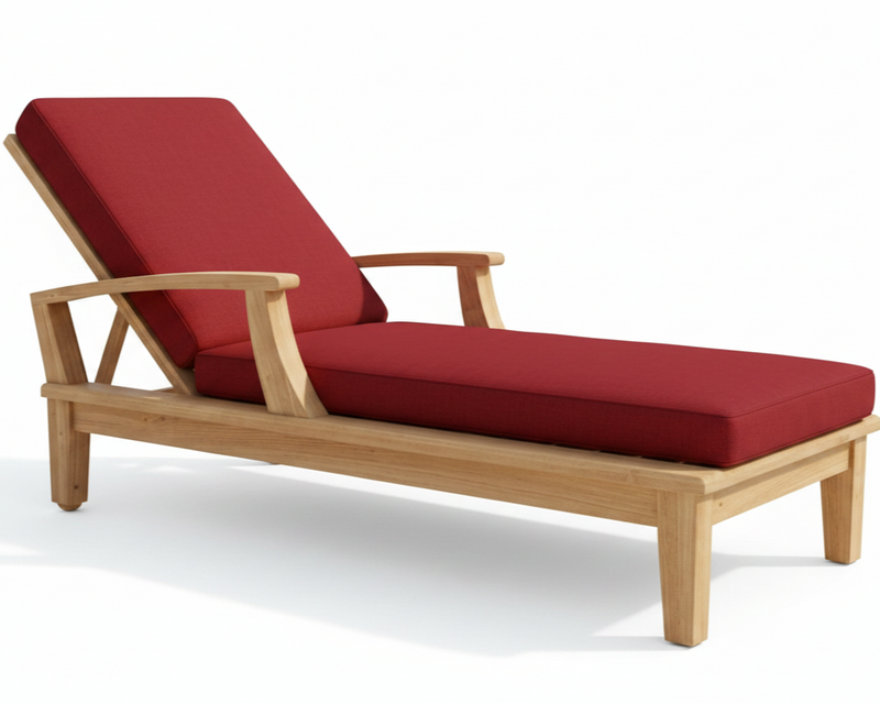 Wooden lounge chair with burgundy cushions on a white background