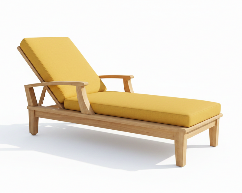Yellow cushioned lounge chair with wooden frame on a white background