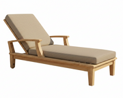 Beige lounge chair with wooden frame on a white background