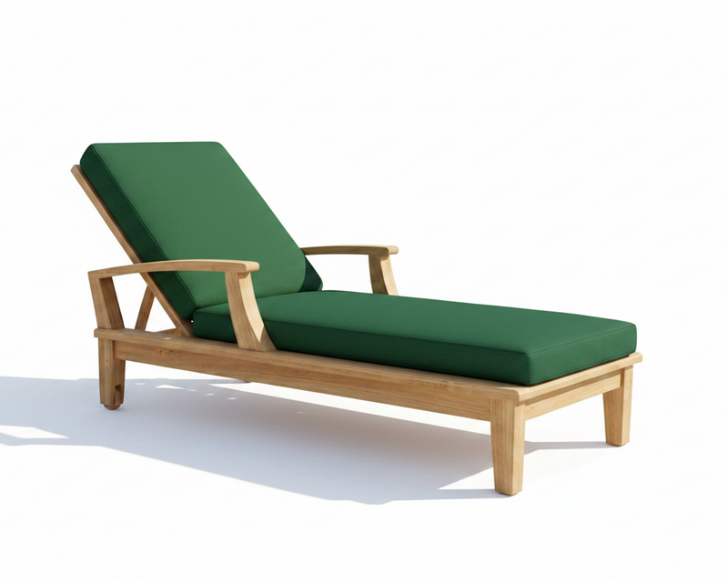 Wooden lounge chair with green cushions on a white background