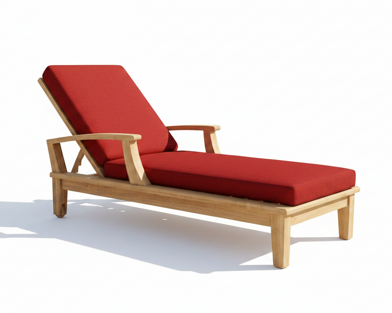 Wooden lounge chair with red cushions on a white background