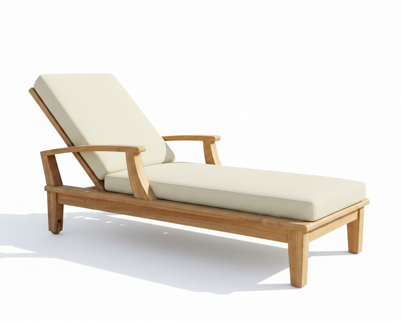 Wooden lounge chair with white cushions on a white background