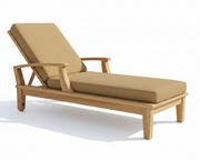 sesame cushion on outdoor lounge chair with wooden frame on a white background