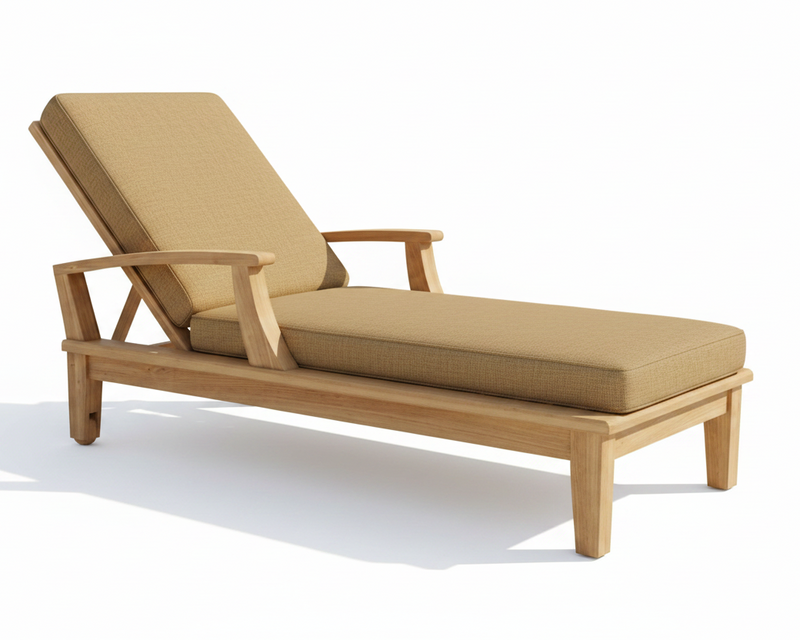 sesame cushion on outdoor lounge chair with wooden frame on a white background