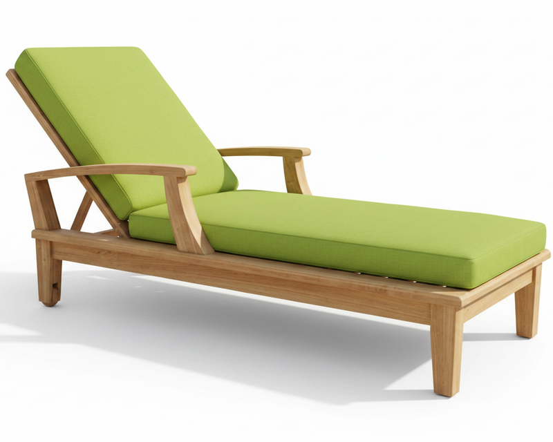 Wooden lounge chair with green cushions on a white background
