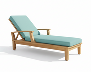 Wooden lounge chair with light blue cushions on a white background