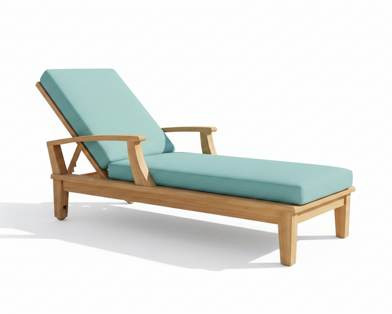 Wooden lounge chair with light blue cushions on a white background