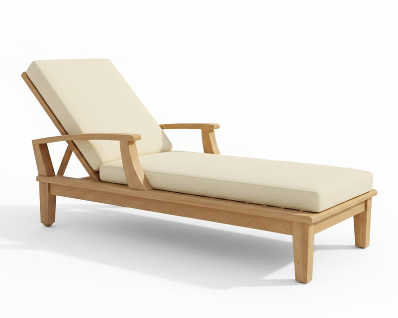 Wooden lounge chair with beige cushions on a white background