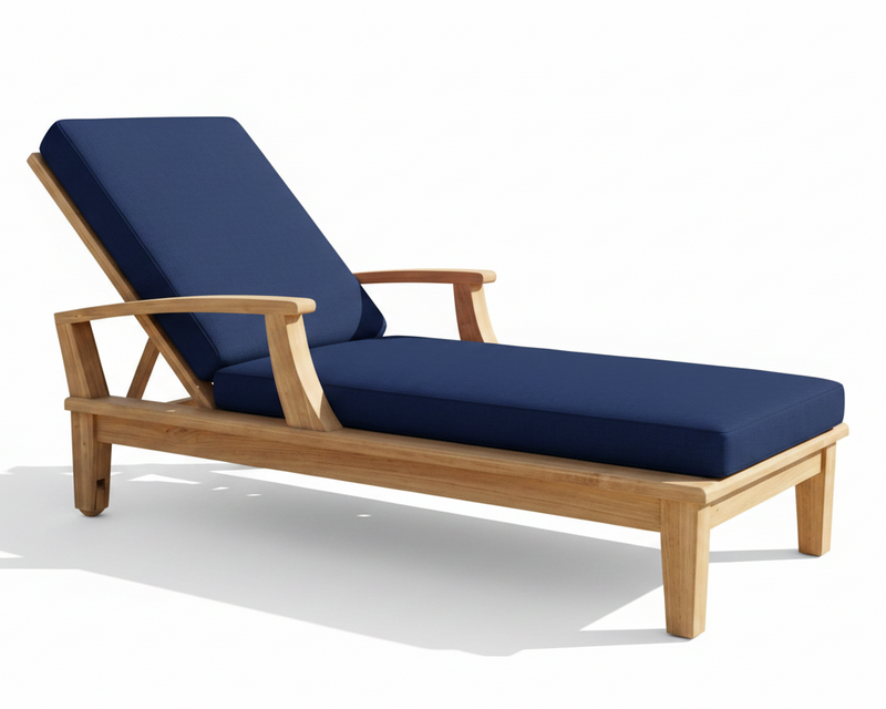 Wooden lounge chair with navy cushions on a white background