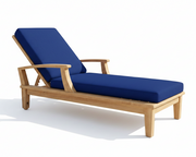 Wooden lounge chair with true blue cushions on a white background