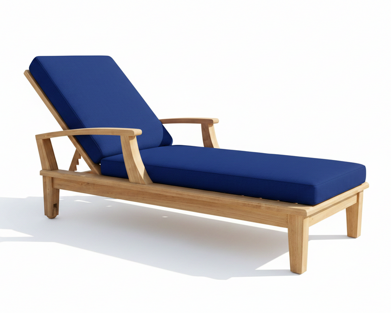 Wooden lounge chair with true blue cushions on a white background