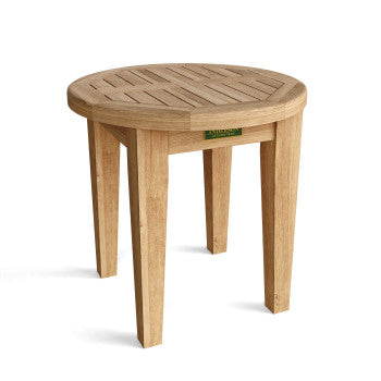 A round teak outdoor table with a slatted top and four legs, shown on a clean white background.