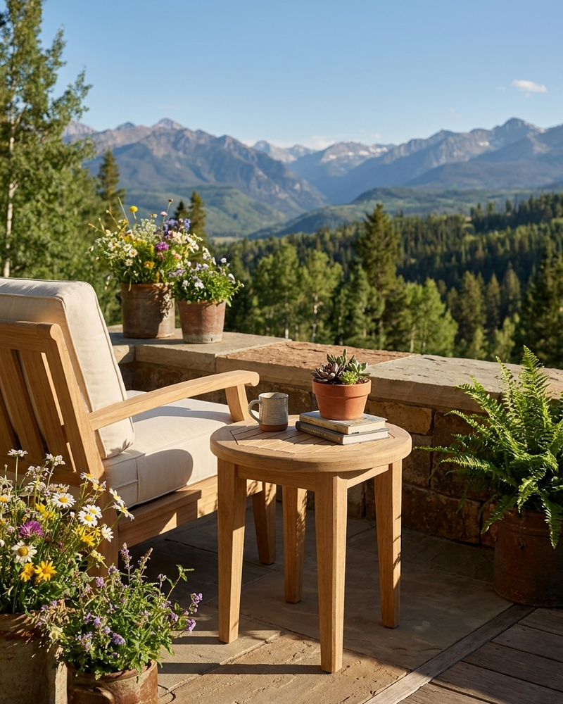 Outdoor patio furniture set with a light wood armchair and matching side table on a stone deck, decorated with potted flowers and ferns, overlooking a lush mountain forest landscape.
