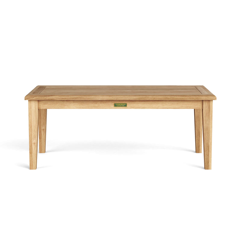 Teak rectangular coffee table on a white background.  