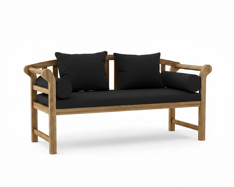 A wooden outdoor bench with black cushions, shown on a clean white background.