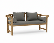 Teak brisbane bench with bliss smoke cushions on a white background.  