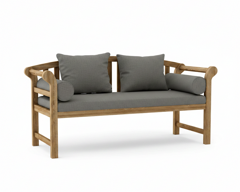 Teak brisbane bench with bliss smoke cushions on a white background.  